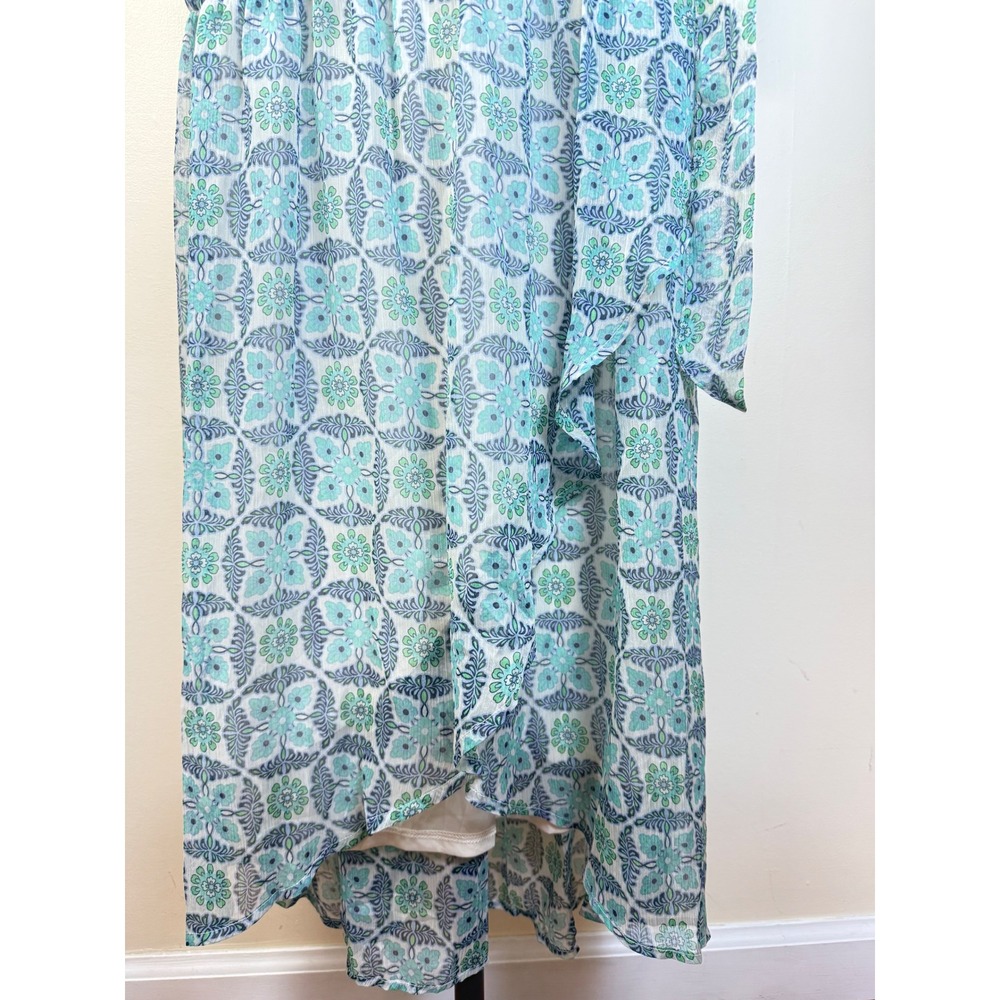 Lovestitch Teal Blue Geometric Floral Print Wrap Maxi Dress Long Sleeve L Sheer - Picture 10 of 16